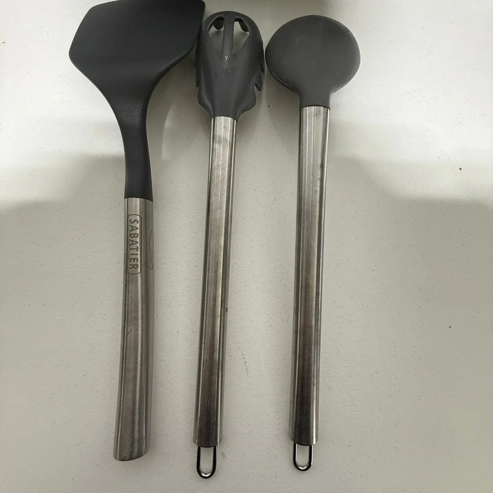 Sabatier 3pc Kitchen Utensil Set Stainless Steel Nylon Spatula Pasta Spoon Gray‎